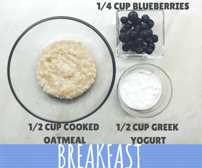 Sample breakfast showing 1/2 cup cooked oatmeal, 1/4 cup blueberries, 1/2 cup plain Greek yogurt