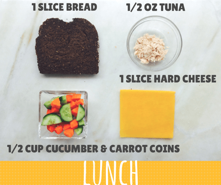 sample lunch meal consisting of 1 slice of whole grain bread, 1/2 ounce of tuna, 1/2 cup of cucumbers and carrot coins, 1 slice of hard cheese