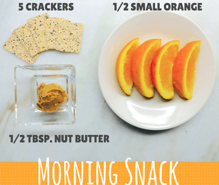 morning snack showing 5 whole grain crackers, 1/2 small orange, 1/2 tablespoon of nut butter