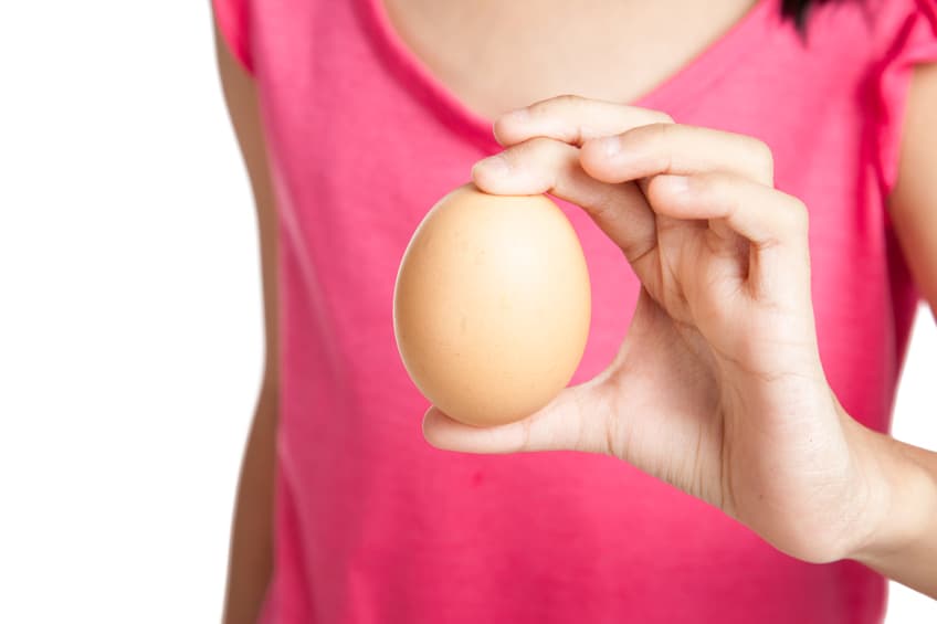 Close up of egg in hand of asian little girl on white background