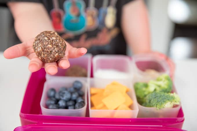 double chocolate chia protein bites and lunch box snacks