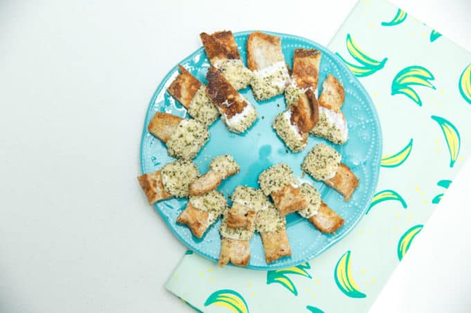 French toast strips with greek yogurt dipped in hemp hearts