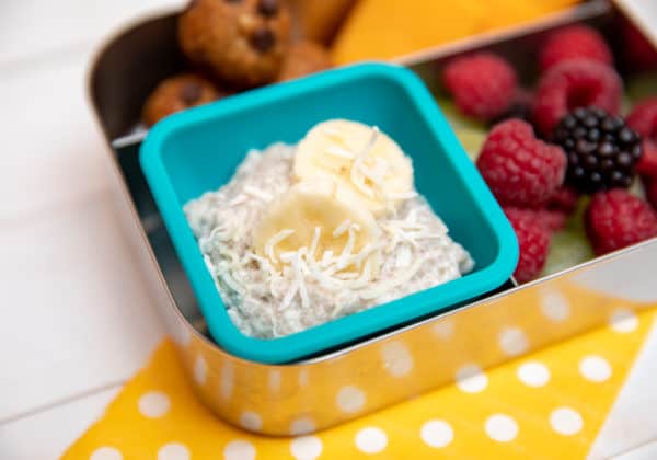 banana coconut chia pudding as part of a snack in lunch box