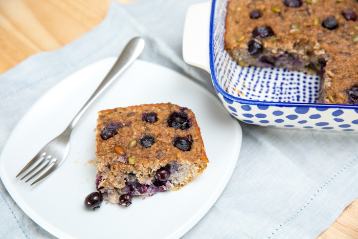 baked blueberry banana oatmeal in a baking dish