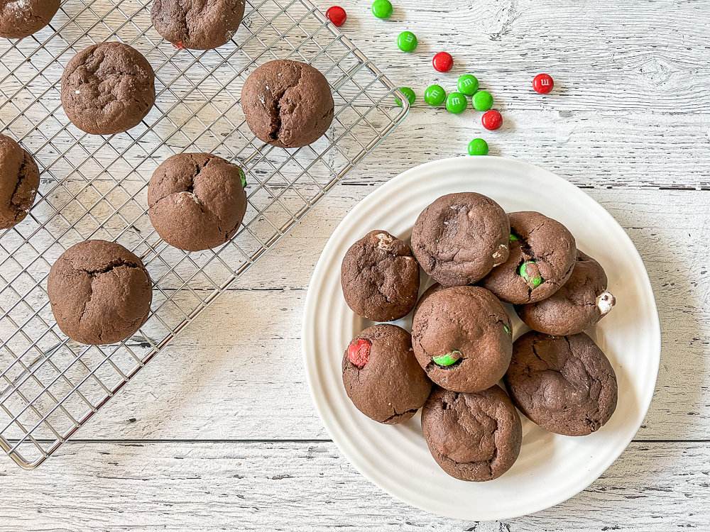 double chocolate brownie cookies with red and green candies