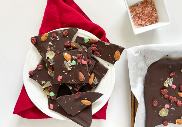 Sea salt Sprinkled Dark Chocolate Bark with Almonds, Cranberries and Ginger