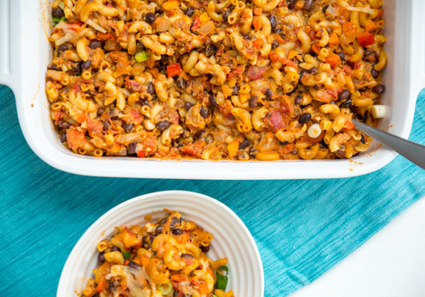 Mexican mac and cheese in a baking casserole dish