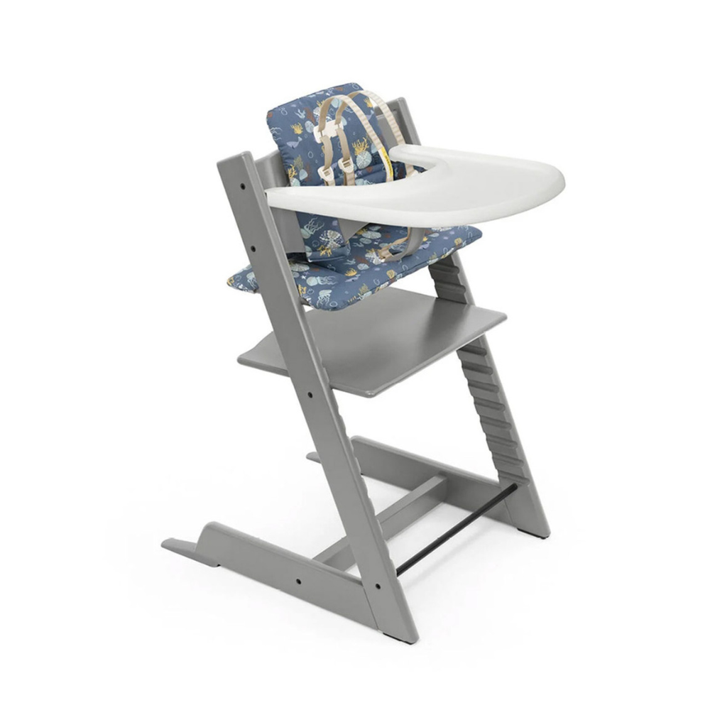 grey and blue highchair for baby