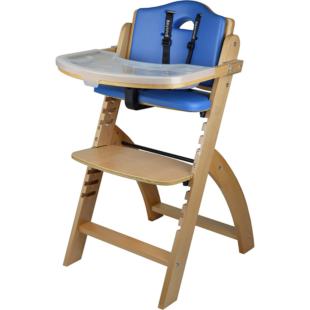 blue and wooden highchair