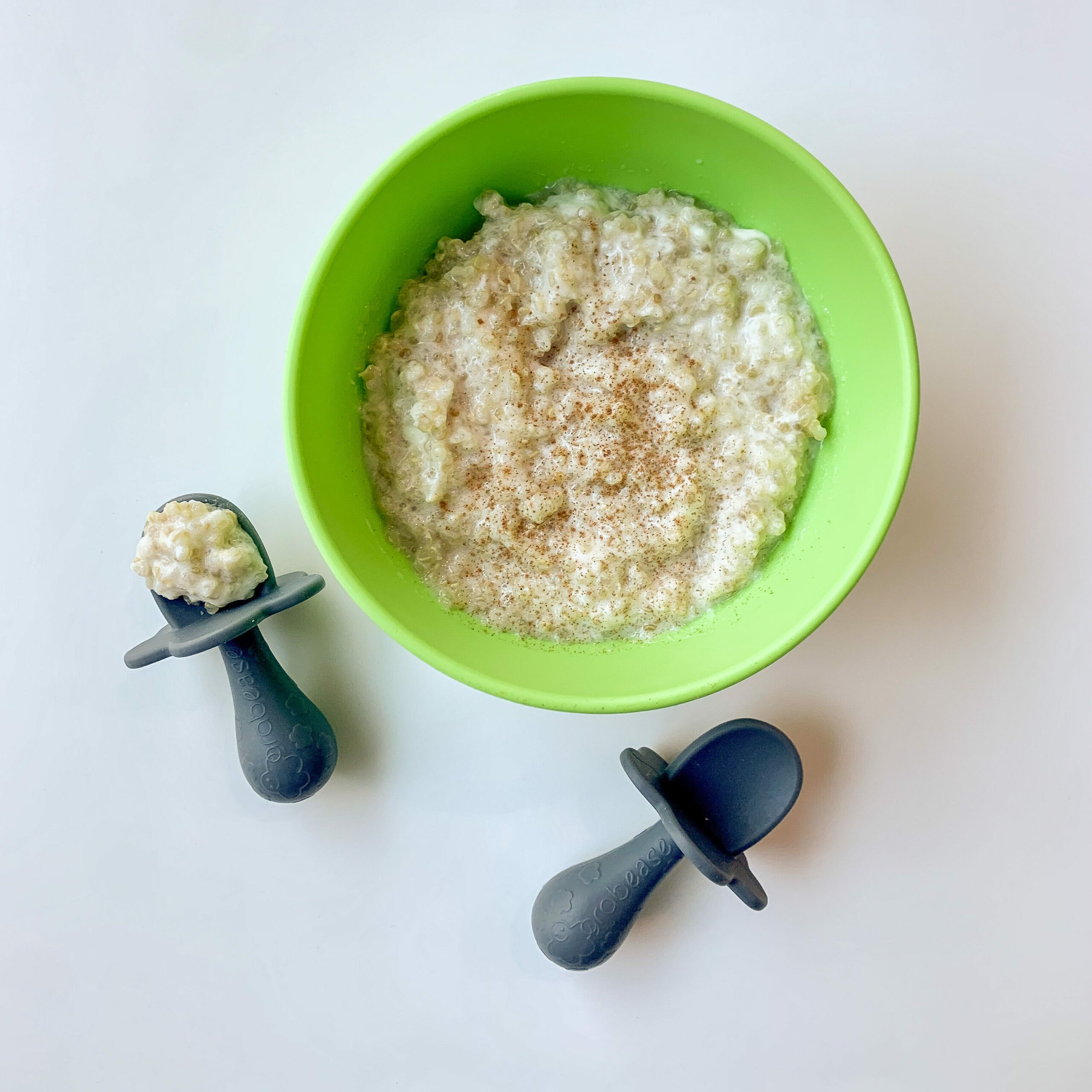 top view of warm breakfast cereal for baby-led weaning with quinoa