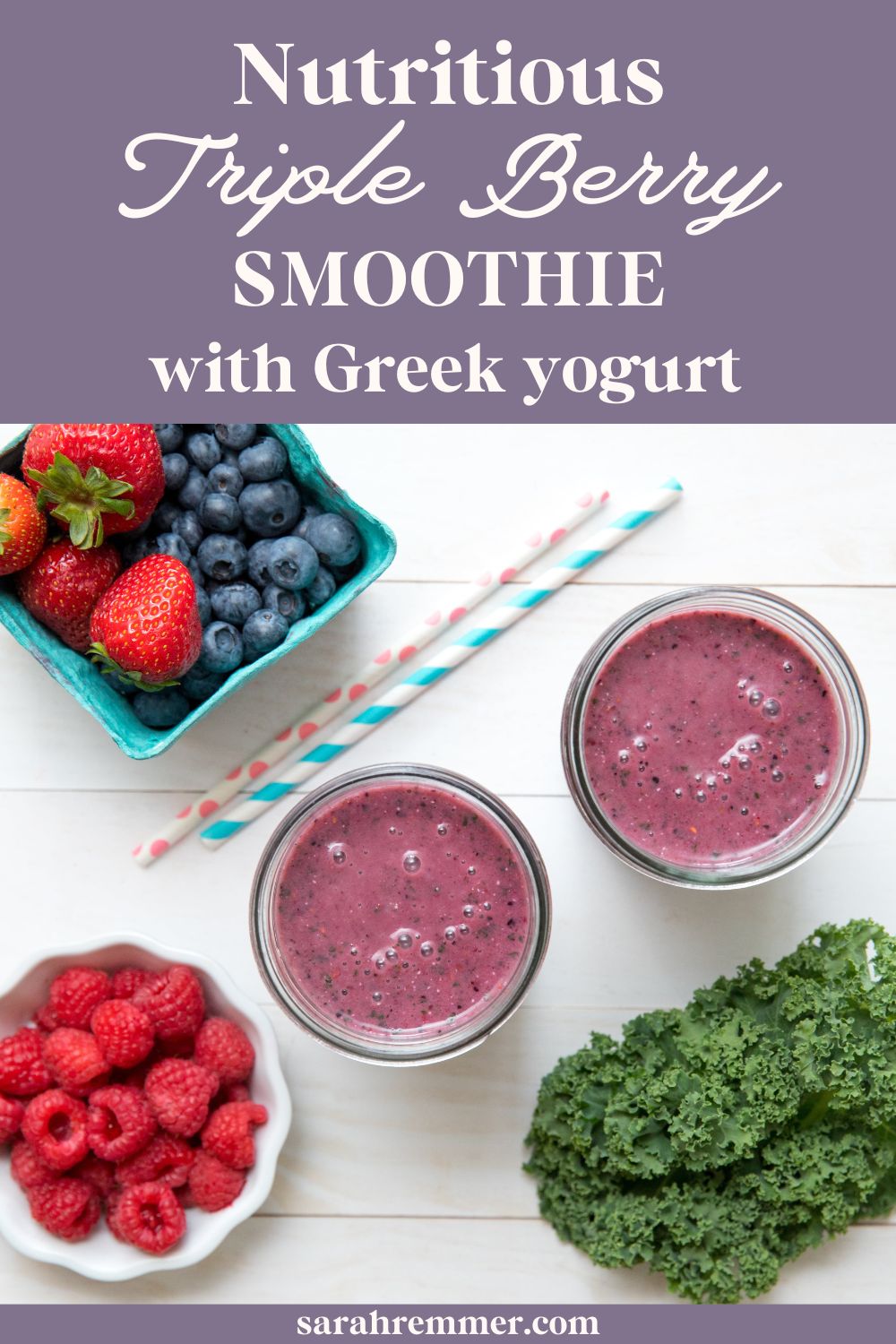 This healthy triple berry smoothie is creamy, delicious, and packed with nutrients from 3 different berries, spinach, hemp seeds, and more.