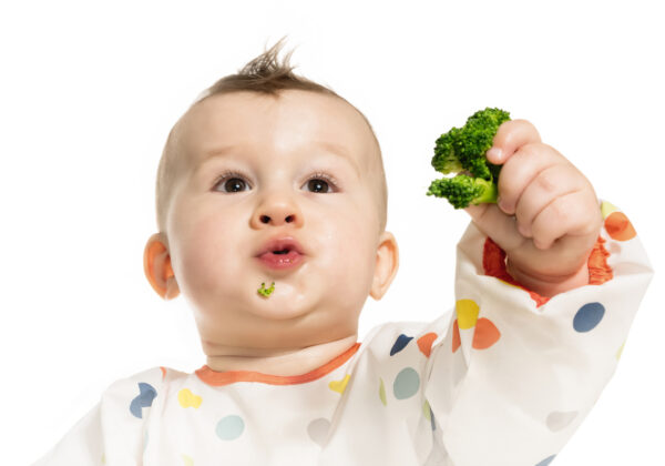 Portrait of funny baby boy that eats steamed broccoli on white isolated background.