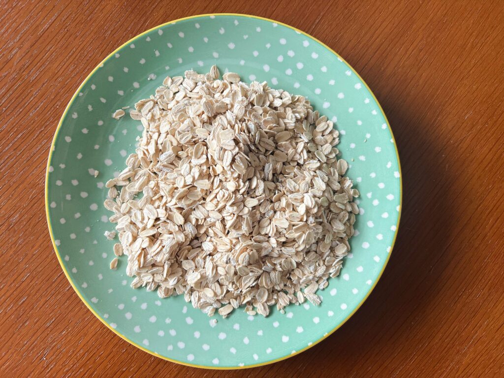 top down view of a plate full of rolled oats