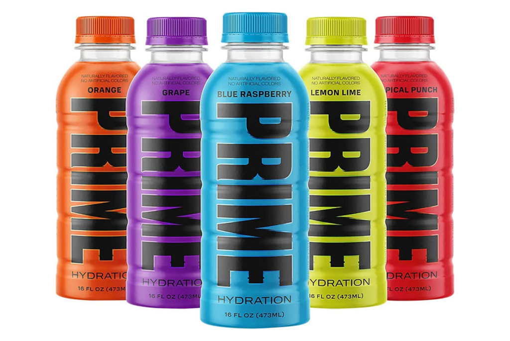 close up of Prime hydration drink bottles