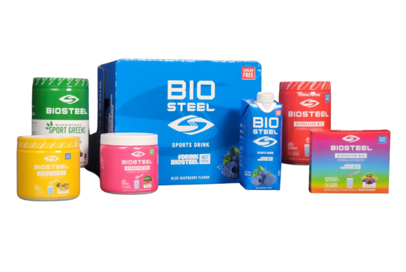 side view of a variety of Biosteel hydration drinks and protein powders