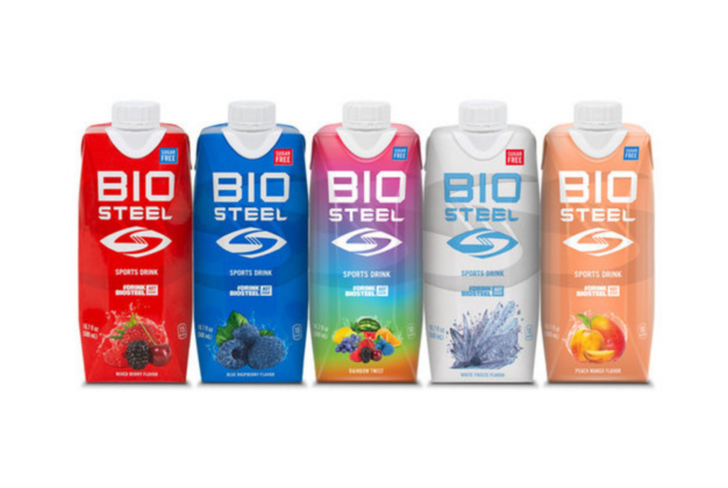 close up of Biosteel for kids products including sports drinks