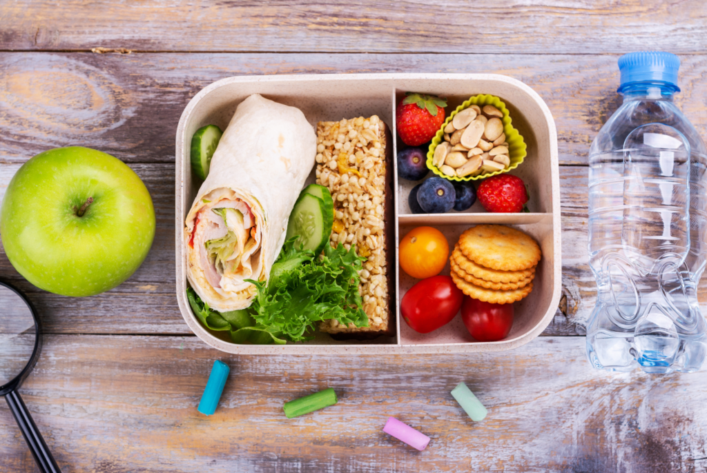 top down view of a school lunch box filled with school snack ideas