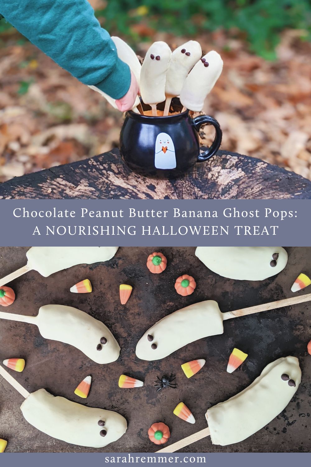 These chocolate banana ghost pops are the perfect snack for the days leading up to Halloween! A fun and healthy treat for kids.