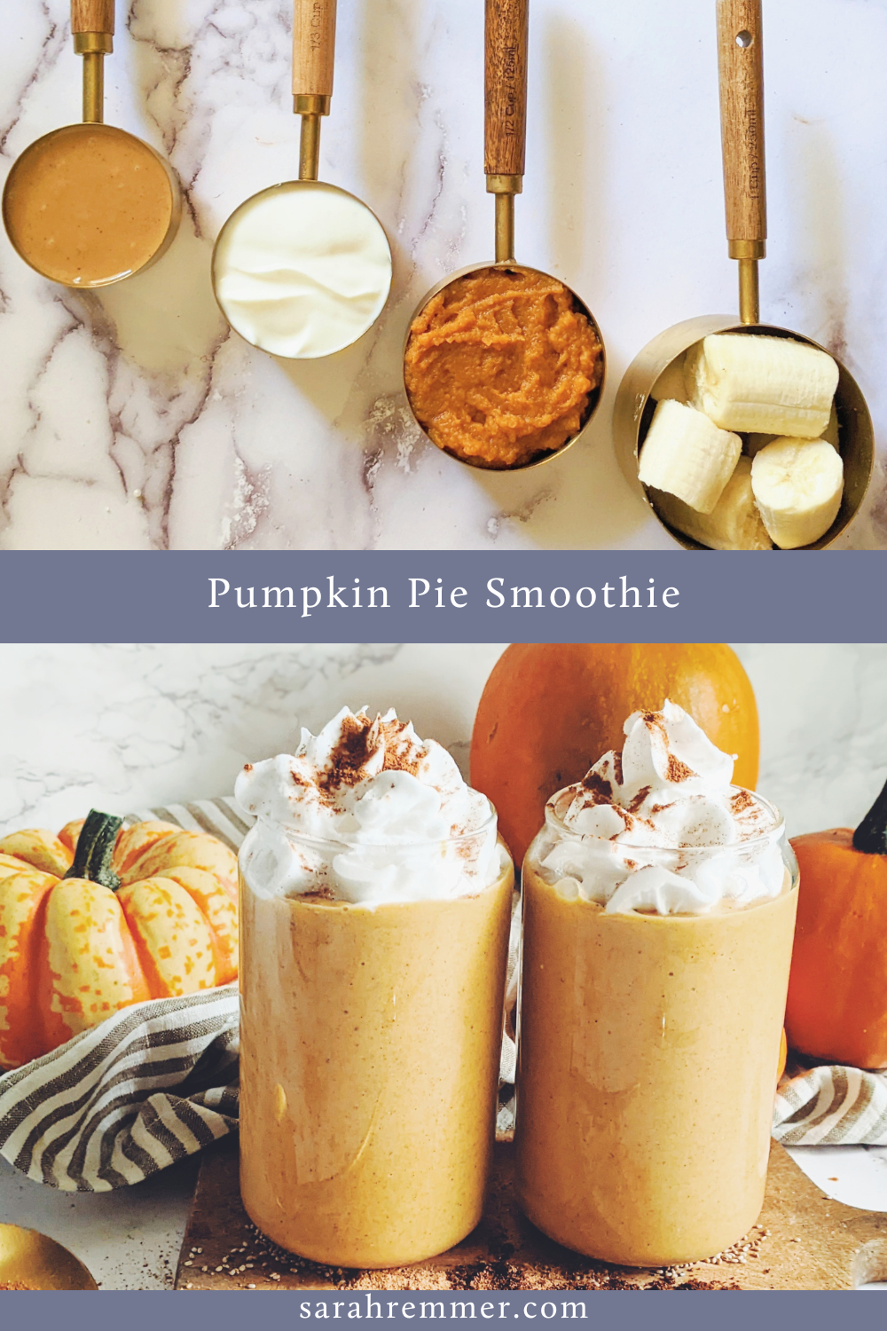 This Pumpkin Pie Smoothie is quick, portable, and scrumptious for all ages. Swap out the nut butter for more yogurt to make it school safe!