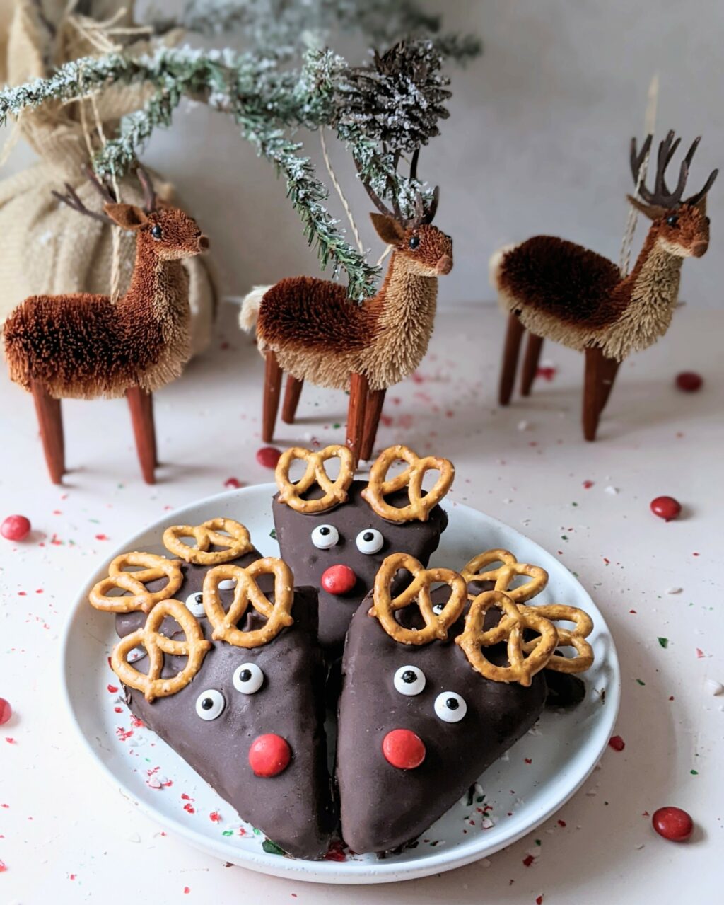 close up of reindeer peanut butter snacks on a plate