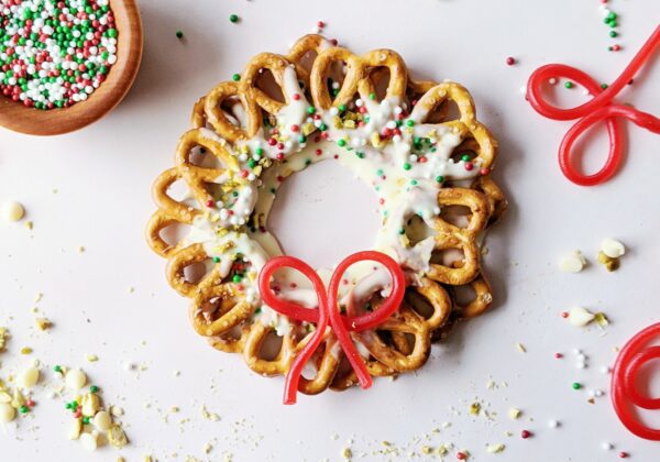close up of holiday white chocolate pretzel wreath