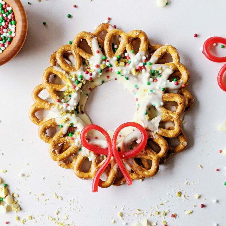 close up of holiday white chocolate pretzel wreath