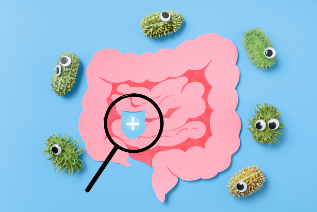 graphic of a gastrointestinal tract with germ cartoons