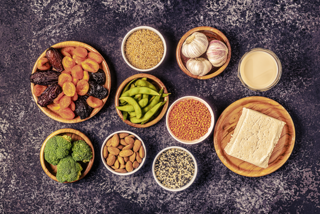 top down view of plant based foods to help with a perimenopause diet