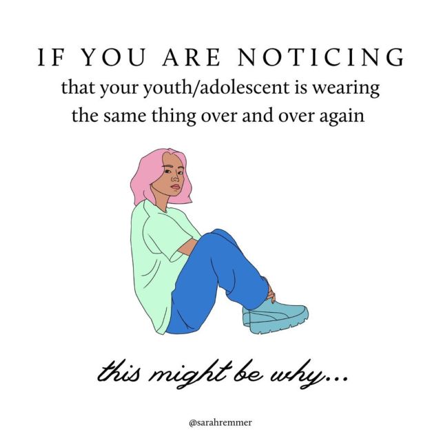 I recently started noticing my pre-teen wearing the same thing over and over again. My initial reaction was frustration, because I had just taken him shopping about a month or so prior. But then one day before school, it dawned on me 💡🤦🏻‍♀️

His body had changed and his clothes weren’t fitting comfortably. So he was wearing the one outfit that actually fit. When I brought it up, there were tears, relief, hugs and then a prompt trip to the store and alterations shop to make sure he felt comfortable. 

Now, although wearing the same outfit over and over again might be *completely normal* and no cause for concern (many teens like to do this and I certainly don’t want to sound alarm bells when there’s nothing to worry about), it also might be something more. 

It’s normal for a child’s body to shift and change as they grow and approach/enter puberty (or really anytime). But it can bring on feelings of shame and confusion. 

After all, most of us know what too-tight clothes feels like, and the constant (and false) reminder they give that somethings not quite right with our body. 

So it’s our job to address it, normalize it, remove any shame from it and protect our child’s body image (and relationship with food). ❤️

A blog post that may help: https://www.sarahremmer.com/why-weight-loss-diets-and-weight-loss-apps-for-kids-are-never-a-good-idea/
