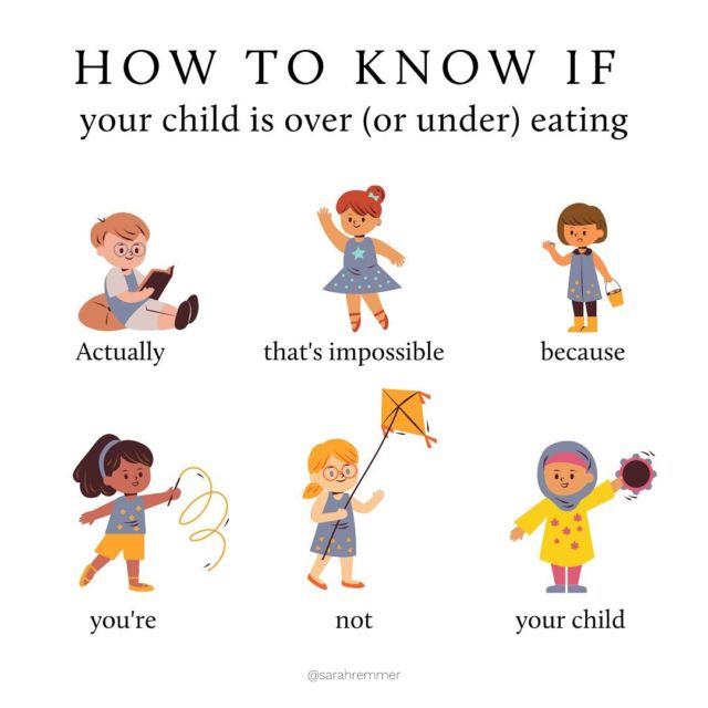And here’s the thing… even if they WERE over or under-eating, it’s not your job to intervene. That’s hard, isn’t it? 😐

As parents we often go into meals with this “ideal portion” that our child should eat, so that they grow the “right” way. And if they eat more or less than that, we feel the need to intervene by making comments “woa, you’re eating SO much!!” Or “ok, that’s enough - you’re going to get a tummy ache!” Or “you haven’t eaten enough - 2 more bites” 😬

Familiar?! If so, you’re in good company. We are all just wanting our kids to eat the amount that is right for their bodies, right?! 🥰

And as parents, we know a lot of stuff. But what we DON’T know (and what is actually impossible for us to know), is how much our child needs at any given eating time 🤷🏻‍♀️

So drop the mealtime agenda and try to do this instead: 

- trust that your child will trust their body (or learn to) by listening and tuning into their hunger cues 
- remove distractions like pets, toys, screens from the eating space
- serve a variety of foods, with at least one that you know your child will likely accept 
- know that they are learning and in order to learn how to self-regulate, will likely have to over-or under-eat sometimes 
- set mealtime boundaries such as “the kitchen is closed” after meal and snack times
- focus on positive conversation and your own meal vs. hovering over your child 
- refrain from making any comments about the amounts that your child eats. Instead, stay neutral. Comments can make them feel ashamed, embarrassed or question themselves and their own intuition. 

I’d love to hear your thoughts! ❤️❤️