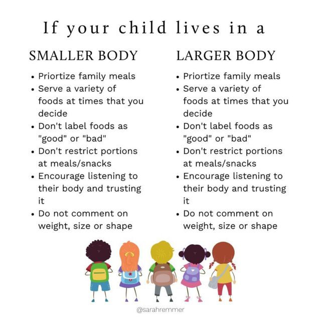 I wanted to create a post for you today with a little reminder that EVERY body is a GOOD body, and no matter what size or shape of body your child is living in right now, they deserve to be nourished and celebrated. They also need you to remind them about how they are perfect just the way they are, and that as long as they trust their body, it will do exactly what it needs to as they grow ✨ 
 
Regardless of size or shape all kids need:
 
• Regular eating opportunities every 2-3 hours
• Family meals whenever possible
• The freedom of choosing if and how much they eat at any given eating opportunity
• For the kitchen to be closed in between meals and snacks
• No comments about weight, size or shape
• No diet talk or restrictive eating practices at home

Comment below with anything I’ve missed or any thoughts ❤️