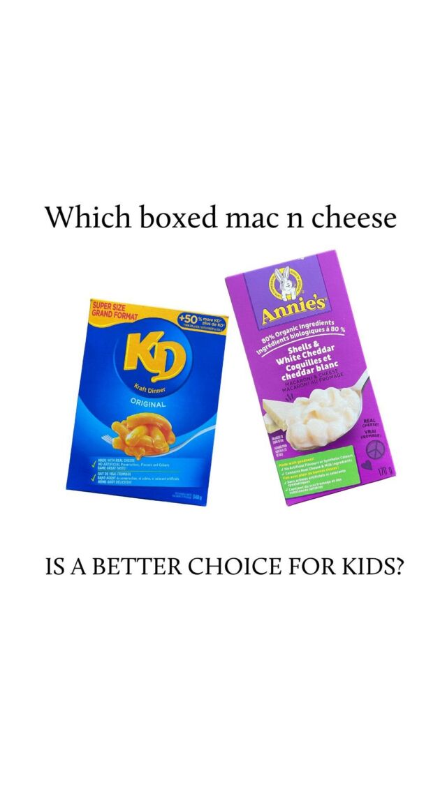 As a dietitian mom I’m asked often about which is a better choice for kids: Kraft Dinner, or Annie’s homegrown 🤔 

Let’s be real for a minute too and right off the hop drop ANY judgement towards parents who buy and serve boxed mac and cheese. I do—about once a week or so—with zero guilt! Menu planning, shopping, prepping, serving, cleaning etc. can feel exhausting and as far as I’m concerned, a packaged meal now and then is no big deal. But that’s just me!

When it comes down to choosing between one brand or another (in this case KD or Annie’s), as you can see in my video, there’s really not a whole lot different between them other than this:

- Annie’s had 11 ingredients vs. 9 in KD
- Annie’s uses organic pasta whereas KD does not
- there’s the addition of silicone dioxide (for anti-caking) in Annie’s - this isn’t present in KD
- Annie’s had more dietary fat and sodium whereas KD had more sugar per serving. 

When it comes to the last observation, it’s tough to actually tell if there’s a huge difference because it wasn’t clear on the packaging as to whether this included the milk and butter in the calculation. 

Regardless… there pretty similar! 🤷🏻‍♀️

So, really, it comes down to preference, access and budget. Which one do your kids prefer? Which one can you easily access, and which one falls within your budget? 😘