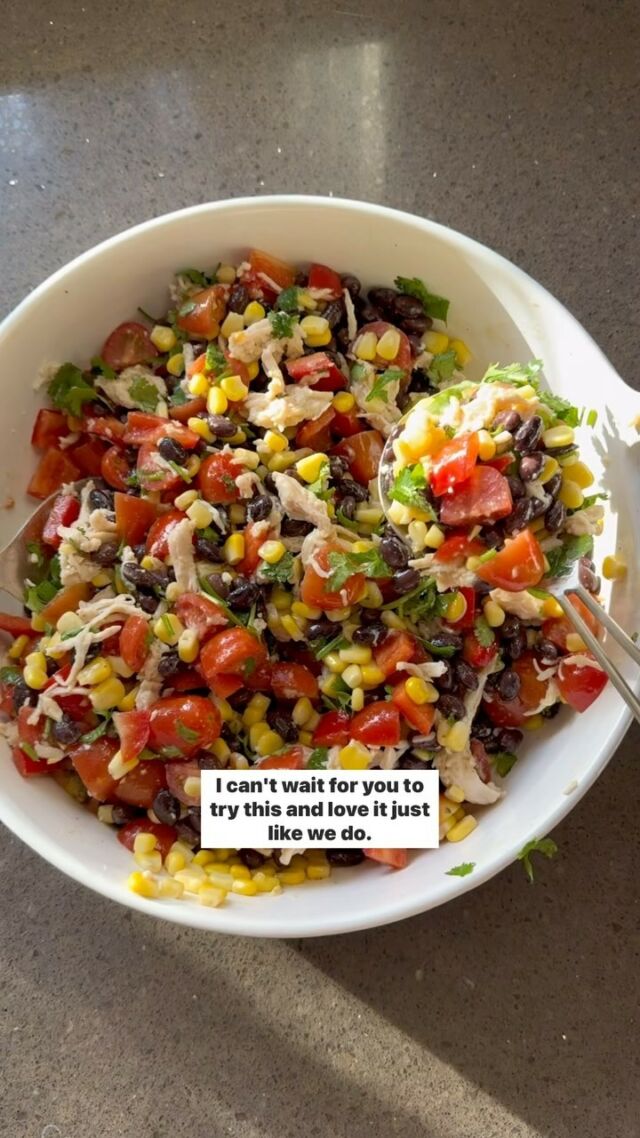 Get ready for your new favourite recipe – my 5-minute fiesta salad that you can eat with a fork, or a cracker, or in a wrap 🙌🏻 🤤 🥗 

It’s bursting with colour and flavour, packed full of nutrition, cost-effective and can pass as a nourishing meal all by itself if you want it to 😉

As a dietitian I love how nutrient-dense this is, loaded with satiating fibre and protein, and lots of vitamins and minerals, and as a busy mom, you really can’t beat the fact that you can throw this together in a few minutes with ingredients that you likely have on hand already. You can make this with fresh bbq’d chicken or pre-cooked rotisserie shredded chicken like I did, or you can opt for a vegan version without the chicken – both great options. I can’t wait for you to try this and love it just like we do😍
 
Recipe:
 
5-Minute Fiesta Salad
 
Ingredients:
• 1 can (540 mL / 19 oz) black beans, rinsed and drained
• 1 can (540 mL / 19 oz) corn kernels, rinsed and drained
• 250 mL (1 cup) tomatoes, chopped finely
• 1 red, yellow or orange bell pepper, diced
• 60 mL (¼ cup) cilantro, diced
• 175 mL (¾ cup) cooked chicken, diced (optional)
• Optional additions: Avocado, crackers, tortilla wrap, tortilla chips to pair it with 
 
Dressing: 
• 15 mL (1 tbsp) lime juice
• 15 mL (1 tbsp) olive oil
• 2 mL (½ tsp) ground cumin
• 2 mL (½ tsp) garlic powder
• Salt and pepper to taste 
 
Directions: 
1. In a large salad bowl, combine black beans, corn, tomatoes, bell pepper, cilantro and cooked chicken. 
2. In a small bowl, whisk dressing ingredients. Drizzle over top of salad and toss to coat.