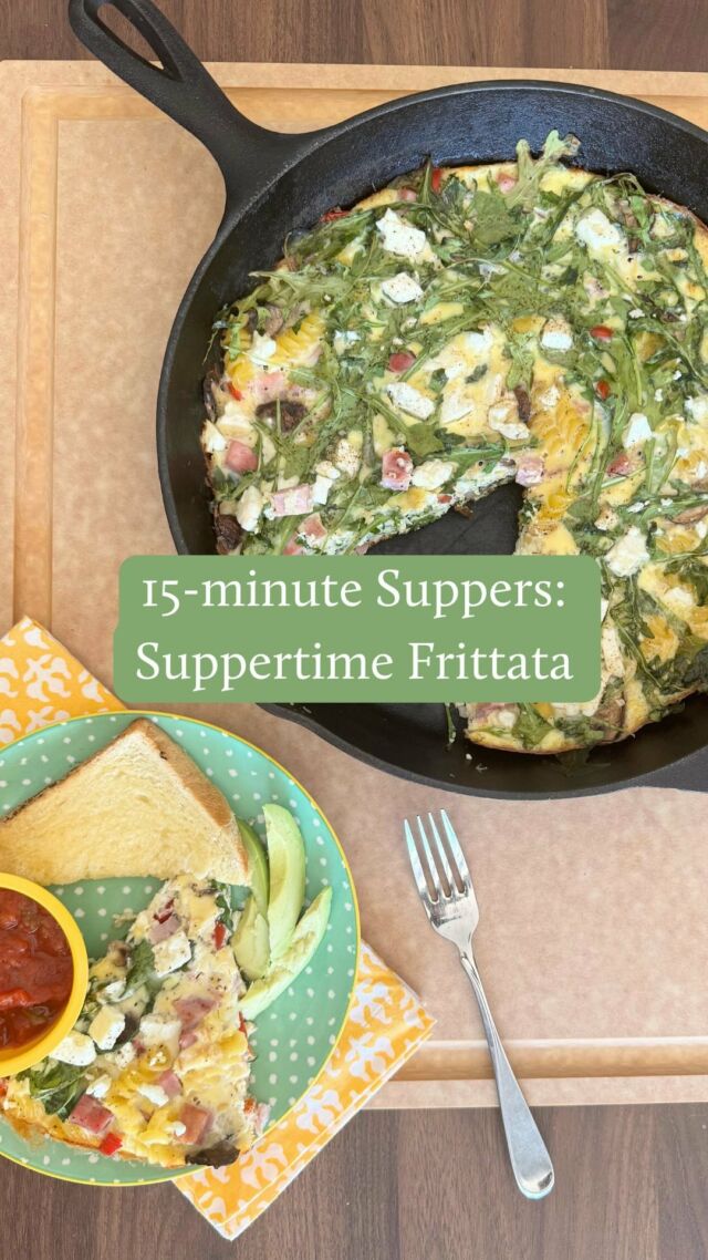 It’s Day 2 of my 15-minute Supper Series! It’s time to say goodbye to weeknight dinner stress. 👋😅

Comment “ONE PAN” to receive 6 of my most popular one-pan/one-bowl recipes!

I’m Sarah, a registered dietitian and mom of 3. Let’s make this easy-peasy “anything goes” frittata. We LOVE a good one-pan meal around here because…#dishes.

🥘Here’s what you need:🥘
1 cup chopped veggies such as mushrooms, tomatoes, bell peppers
1 cup of el-dente cooked pasta (corkscrew or penne are my fave)
¾ cup diced ham (or other leftover meat)
1 big handful fresh baby spinach or arugula
8 Eggs
1/2 cup milk
½ cup of cheese of choice (feta?)
2 tsp butter or oil for sauteing
1 tsp each salt and pepper

Make it:
1. Preheat oven to 400°F. 
2. In a bowl, mix eggs, milk, cheese, salt, and pepper. Set aside. 
3. Heat butter in skillet over medium heat. Sauté veggies for 3-5 minutes, then add spinach until wilted. Add pasta. 
4. Pour egg mixture into skillet, distributing evenly. Sprinkle ham on top. 
5. Cook for 5 minutes until edges set. Transfer to oven for 15-20 minutes until firm. Let cool, cover handle with mitt (it’s HOT!). 

My family loves this served on toast 🍞 with salsa or salad 🥗.

Don’t forget to comment “ONE PAN” to receive 6 of my most popular one-pan/one-bowl recipes!

#15MinuteSuppers #EasyDinners #FamilyFavorites #WhatsForDinner #EasyMealIdeas #DietitianApproved
