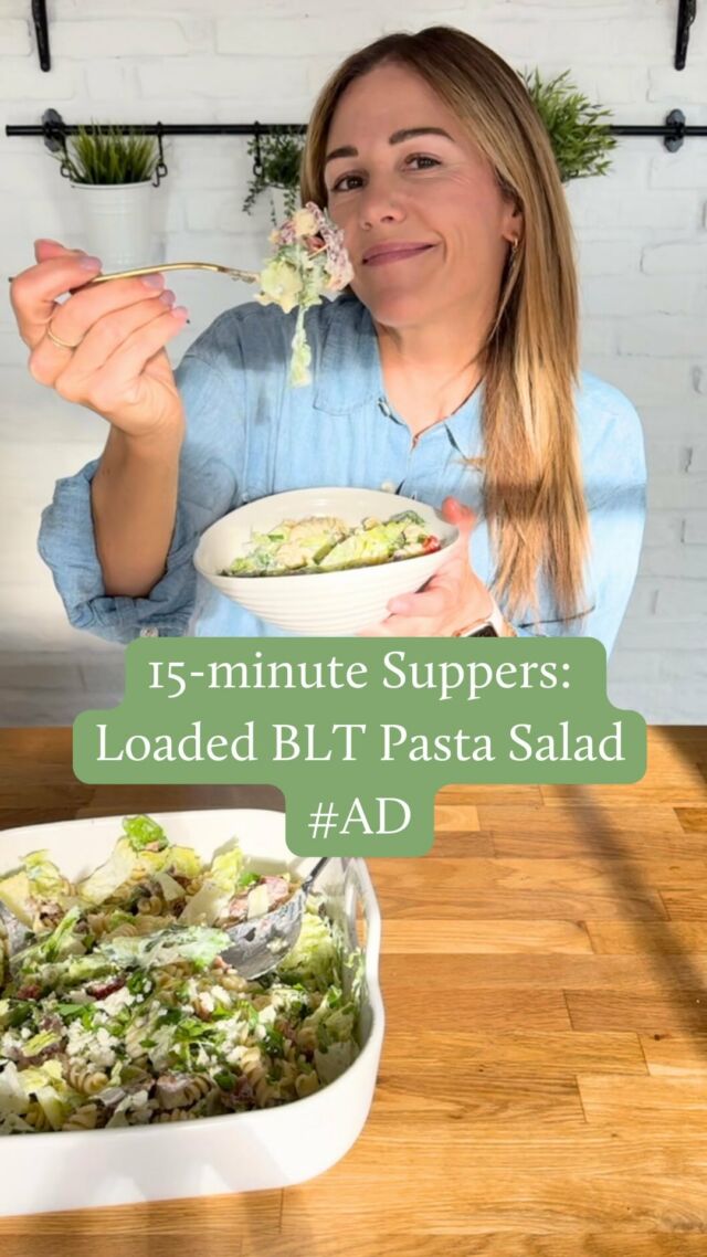[AD] It’s Day 6 of my 15-Minute Supper Series and today we’re putting a delicious twist on a classic BLT to make it nourishing and meal-worthy 🤤
 
Make sure to comment “Spud” and I’ll send you my top dietitian tips for feeding your family on busy weeknights along with a huge list of meal ideas!
 
This pasta salad takes no time at all to throw together and has everything you need for a nourishing meal. I always make extra bacon for things like this, but if you don’t have any cooked bacon I find cooking it in the airfryer or stovetop the quickest 🥓 

I find that this salad lasts 2-3 days in the fridge without getting too soggy. You can also add in fresh lettuce to crisp it up or add the dressing when you eat it. 
 
I ordered all of my groceries from @spuddelivers, which always saves me time and effort and gives me peace of mind knowing that I’m using high-quality, local and sustainable ingredients. I love that they come straight to my door the day after ordering 🙌🏻
 
Let’s make it!
 
Ingredients:
* 10 slices bacon cooked and diced
* 12 ounces pasta cooked and cooled
* 1 cup homemade Ranch dressing
* 1 ½ cup baby tomatoes diced
* ½ avocado diced
* feta
* ⅓ cup red onion diced
* 1 cup romaine lettuce
* fresh parsley for garnish optional
 
Homemade ranch dressing: 
* ¾  cup mayonnaise
* ½ cup sour cream or Greek yogurt
* ½ teaspoon dried chives
* ½ teaspoon dried parsley
* ½ teaspoon dried dill weed
* ¼ teaspoon garlic powder
* ¼ teaspoon onion powder
* Salt and pepper to taste
  
Make it:
1. Blend all Ranch dressing ingredients together in a small blender (or whisk by hand) and set aside.
2. In a large bowl assemble the pasta, tomatoes, avocado, cheese, red onion, lettuce and bacon.
3. Pour the dressing over and toss to combine.
4. Garnish with parsley and serve.
 
 
You are going to LOVE this meal-worthy salad, I promise! 
 
Comment SPUD to receive my top dietitian-approved tips for feeding your family during the week, a long list of ideas, and a curated shopping list with all of the ingredients for this recipe + all of the other ideas that I share in this resource! 
 
#sponsored #spuddelivers #15minutemeals #whatsfordinner #easymealideas #dietitianapproved