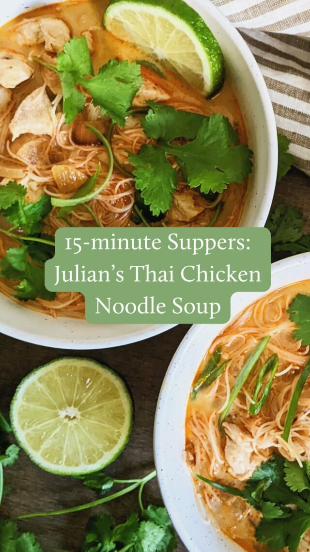 It’s Day 7 of my 15-minute Supper Series! 👋😅

Comment “NOODLE” to receive my top 5 kid-approved noodle recipes sent straight to your inbox!

A homemade meal-worthy soup ready in 15 minutes?! You betcha. This nourishing Thai Chicken Noodle Soup is our new go-to comfort meal. It’s exploding with flavour, takes less than 15 minutes to throw together, is dietitian-approved and kid-approved. But confession: it’s not my recipe. It’s my partner Julian’s recipe, that definitely played a part in winning me over 😍😂 it’s that good 🙌🏻

I use store-bought rotisserie chicken to make it even faster and easier! We love this soup all on its own but will often add some roasted veggies if we have any in the fridge. I just throw them into the soup for a few minutes, until heated through. Broccoli, kale, celery, mushrooms and cauliflower are my favourite veggies to add. 

🍲 What you need 🍲
✅ 2 tablespoons sesame oil
✅ 1/3 white onion, diced (1/2 cup)
✅ 2 tablespoons minced garlic
✅ 1 tablespoons minced ginger
✅ 3 tablespoons Thai red curry paste (my favourite is Blue Dragon)
✅ 2 cooked chicken breasts, diced (2 to 3 cups)
✅ 1/2 -3/4 cup full-fat canned coconut milk
✅ 4 cups chicken broth
✅ 1 cup water
✅ 3 1/2 ounces dry vermicelli noodles
✅ 2 cups roasted or stir-fried veggies of choice, optional
✅ Cilantro, green onion and lime, to garnish, optional

Steps:
1. Heat oil in a large pot, sauté onion and garlic until softened. Stir in ginger, Thai red curry paste, and cooked chicken, cooking briefly until fragrant. 
2. Pour in coconut milk, chicken broth, and water. Bring to a boil, then add vermicelli noodles and cook according to package instructions. 
3. Garnish with cilantro, green onion, and lime wedges if desired. 
4. Serve immediately by placing noodles in bowls and ladling chicken broth over them. Adjust noodle size for young children if needed.

Comment “NOODLE” to receive my top 5 kid-approved noodle recipes sent straight to your inbox!

#15MinuteSuppers #EasyDinners #FamilyFavorites #WhatsForDinner #EasyMealIdeas #DietitianApproved
