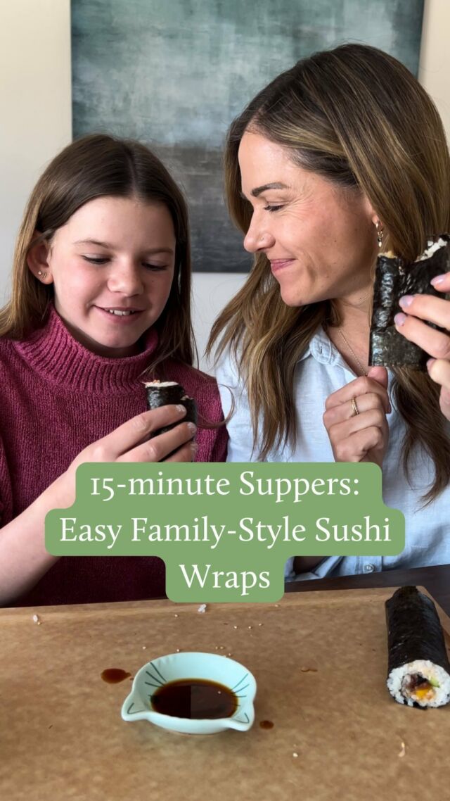 It’s Day 8 of my 15-minute Supper Series! We’re doing family-style sushi wraps, which is by far my kids fave (and mine too!) 🍱

Make sure to comment “FAMILY” to receive my printable on how to nail family-style meals straight to your inbox! 😘

Wanna know my best stress-busting mealtime tip? Offer them family-style! Family-style meals are easy, fun and save time (and sanity). It can help kids feel more empowered with their food choices by allowing them to pick and choose what they want on their plates based on what you’ve offered. It may even reduce picky eating and mealtime battles and make for a more positive experience.

Your job is to choose and lay out the ingredients, and their job is to choose what and how much to take (and eat!). These fun and easy Family-Style Nori Sushi Wraps help you do just that! I made sticky rice ahead of time, grabbed some nori sheets that I had in the pantry and laid out: 
Costco tuna poke, smoked salmon that I had in the freezer, cucumber strips, mango strips, avocado and then whipped up a quick spicy mayo with sriracha and mayo (that’s it!). Then we built them. SO yummy! Let’s make them.

🍣 What you need 🍣
A variety of fish (smoked salmon, cooked and cooled salmon, tuna poke)
Nori sheets
Sticky rice
Avocado
Cucumber
Spicy mayo
Strips of mango or thawed frozen mango 
Sesame seeds

Steps
1. Simply choose your ingredients 
2. Eat as is or dip in some soy and enjoy!

Don’t forget to comment “FAMILY” to receive my printable on how to nail family-style meals straight to your inbox! 🙌🏻

#15MinuteSuppers #EasyDinners #FamilyFavorites #WhatsForDinner #EasyMealIdeas #DietitianApp