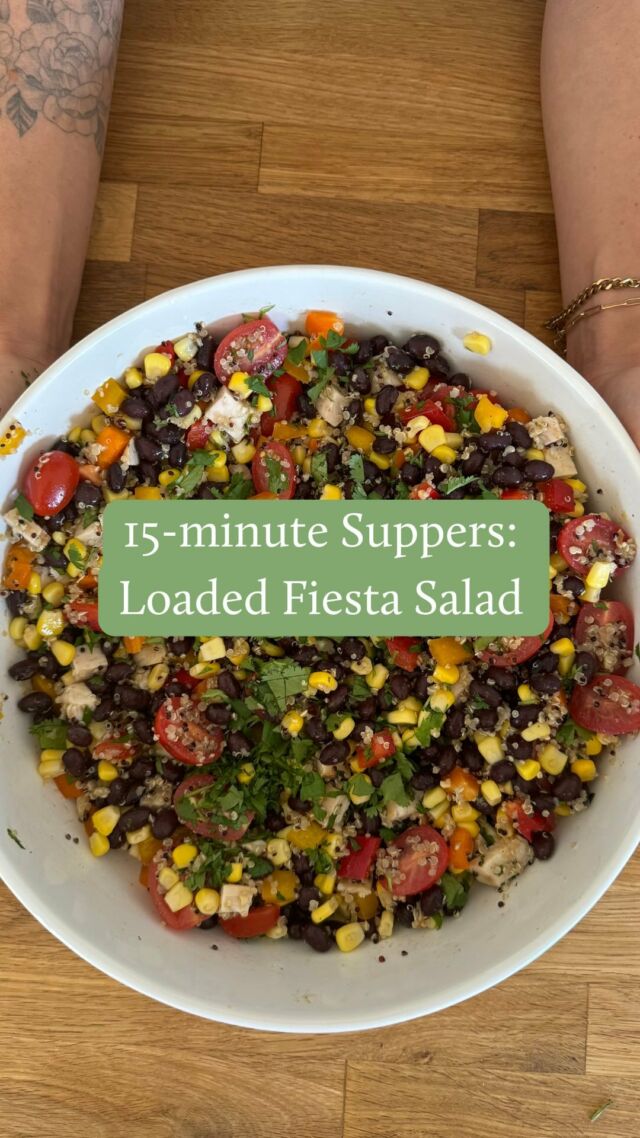 It’s Day 10 of my 15-minute Supper Series! Take the guesswork and stress out of weeknight dinners for you and your busy family.

Comment “ONE PAN” to receive 6 of my most popular one-pan/one-bowl recipes!

My Fiesta Salad is ready in not 15 minutes but 5✋minutes! So good, you can eat it with a fork, a cracker, a chip or in a wrap…

It’s bursting with colour and flavour, packed full of nutrition (think fibre, protein and lots of vitamins and minerals), cost-effective and can pass as a nourishing meal all by itself if you want it to. This version has quinoa which makes it extra meal-worthy 😉

You can make this with fresh BBQ’d chicken (hello, summer! 🌞) or pre-cooked rotisserie shredded chicken like I did, or you can opt for a vegan version without the chicken – both great options. 

🥗 What you need 🥗
✔️1 can (540 mL / 19 oz) black beans, rinsed and drained
✔️1 can (540 mL / 19 oz) corn kernels, rinsed and drained
✔️250 mL (1 cup) tomatoes, chopped finely
✔️1 red, yellow or orange bell pepper, diced
✔️60 mL (¼ cup) cilantro, diced
✔️1 cup cooked cubed (or shredded) chicken 
✔️1 cup cooked and cooled quinoa
✔️Optional additions: Avocado tortilla chips to pair it with

Vinaigrette
✔️3 tbsp lime juice
✔️3 tbsp olive oil 
✔️1 tsp ground cumin
✔️1 tsp garlic powder
✔️Salt and pepper to taste

Make it:
1. In a large salad bowl, combine black beans, corn, tomatoes, bell pepper, cilantro and cooked chicken.
2. In a small bowl, whisk dressing ingredients. Drizzle over top of salad and toss to coat.

I can’t wait for you to try this and love it just like my family does!

Don’t forget to comment “ONE PAN” to receive 6 of my most popular one-pan/one-bowl recipes!

#15MinuteSuppers #EasyDinners #FamilyFavorites #WhatsForDinner #EasyMealIdeas #DietitianApproved