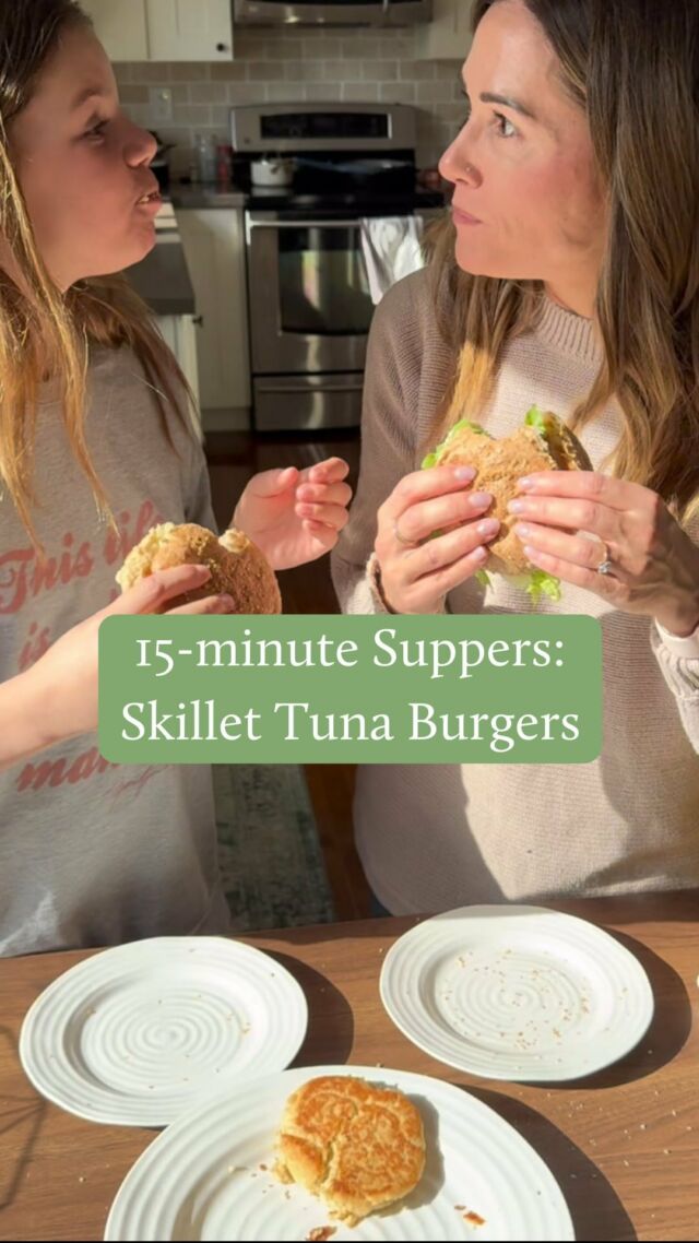 It’s Day 11 of my 15-minute Supper Series! Take the guesswork and stress out of weeknight dinners for you and your busy family. Comment “TIPS” to receive my weekly newsletter, where I share my newest recipes, hot-button nutrition topics, and top tips for feeding your family. You’ll also receive my Feeding Fussy Eaters E-book for free too, straight to your inbox!My kids and I love a good burger, but sometimes you don’t have ground meat or fresh fish on hand. Enter: these delicious, easy and budget-friendly tuna burgers!Yup, just a few staple ingredients, a bowl, a skillet and you’re good to go! We pair these with fruit salad or a garden salad. If we’re in a big rush, it’s raw veggies and hummus!You can batch-cook these and store in the freezer (separated with wax or parchment paper) to warm up for lunches or fast leftovers. I often top a salad with a leftover tuna burger for my lunch! 🙌🍔 What you need 🍔✔️3 cans chunk light or flaked light tuna, drained well✔️Wasabi Mayo (1/4 cup mayonnaise mixed with one teaspoon wasabi paste) * wasabi optional✔️1/2 cup panko bread crumbs✔️2 eggs, whisked✔️1 (or more) teaspoons garlic powder✔️sprinkle of lemon pepper✔️salt to taste✔️1 tbsp oil (I used a combo of olive oil and sesame oil)✔️Delicious fluffy bunsSteps:1. Combine all ingredients in a medium-sized bowl, mixing thoroughly with a fork, then by hand. 2. Shape into burgers and place delicately on a plate. Heat oil in a large non-stick skillet over medium-high heat. 3. Cook burgers on both sides until golden brown, optionally melting cheese on top. 4. Serve on whole grain buns with wasabi mayo, lettuce, and tomatoes.Don’t forget to comment “TIPS” to receive my weekly newsletter, where I share my newest recipes, hot-button nutrition topics, and top tips for feeding your family. You’ll also receive my Feeding Fussy Eaters E-book for free too, straight to your inbox!